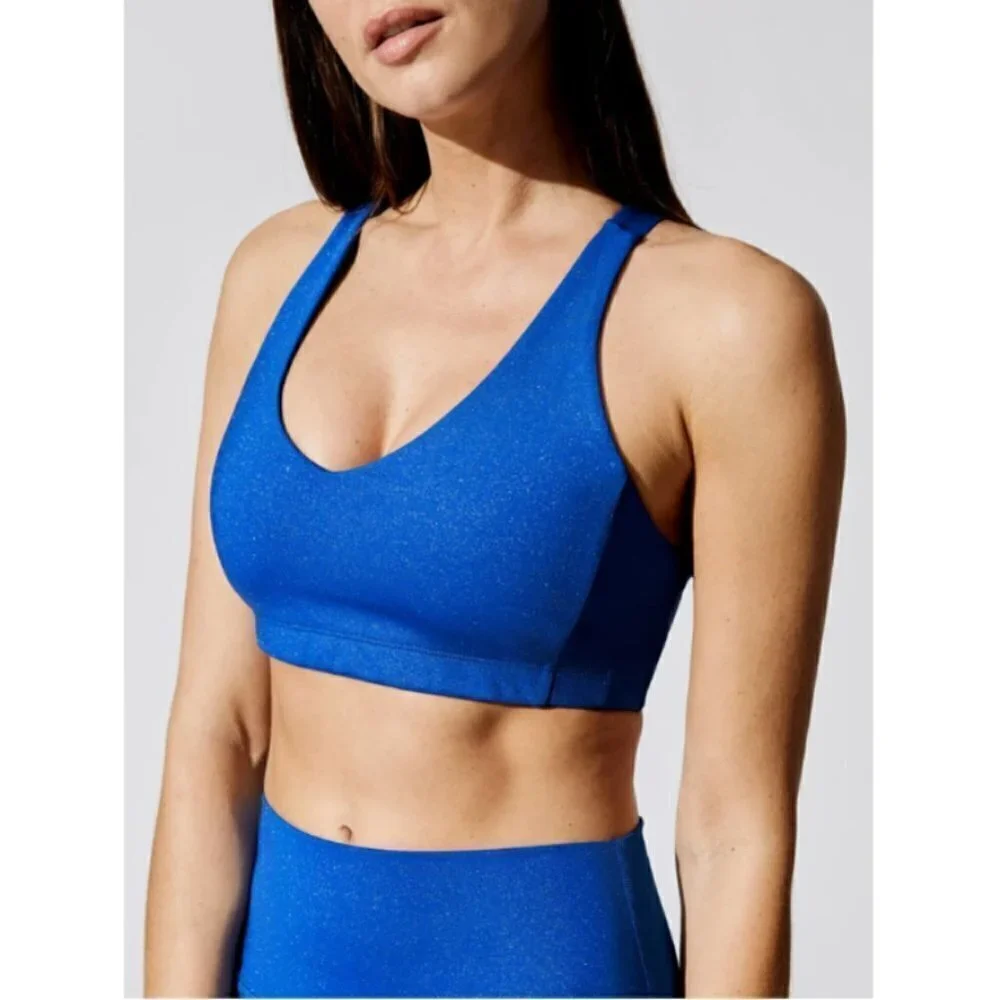 💕CARBON38💕 Shine Powder Set Cross Back Bra + 7/8 Legging Cobalt Blue Large NWT